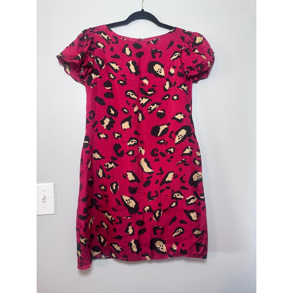 Britt Ryan Pink Leopard Print 100% Silk Flutter Sleeve Shift Dress Womens Size 4